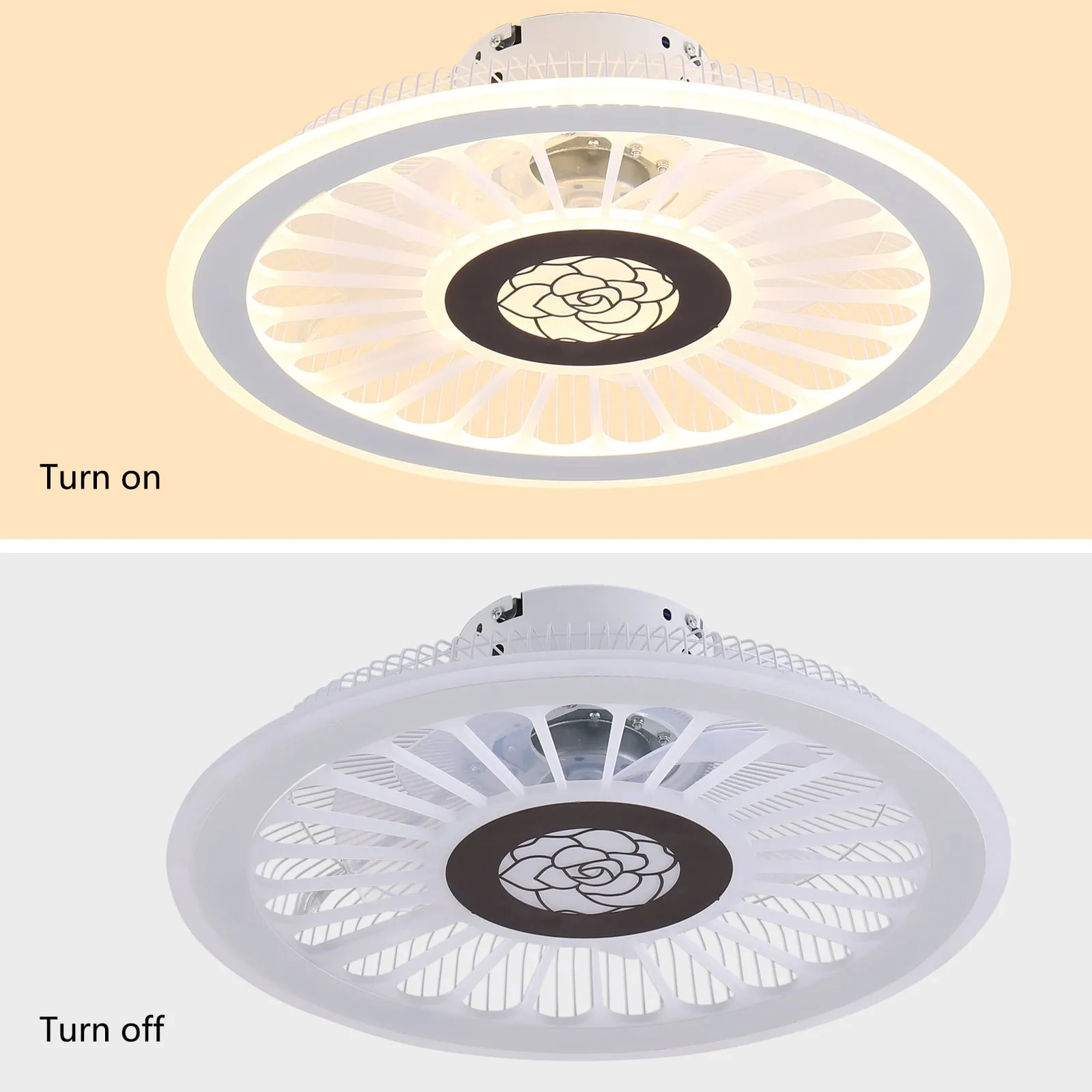 18 inch Modern LED Ceiling Fan with Light and Remote Control, Invisible 3 Colors and 3 Speeds Low Profile Floral Indoor Chandelier Ceiling Light Fixture White