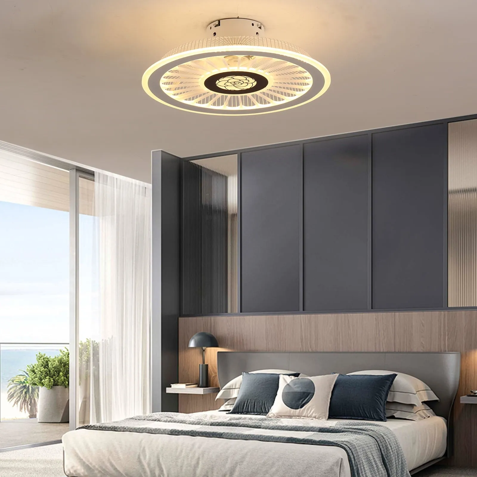 18 inch Modern LED Ceiling Fan with Light and Remote Control, Invisible 3 Colors and 3 Speeds Low Profile Floral Indoor Chandelier Ceiling Light Fixture White