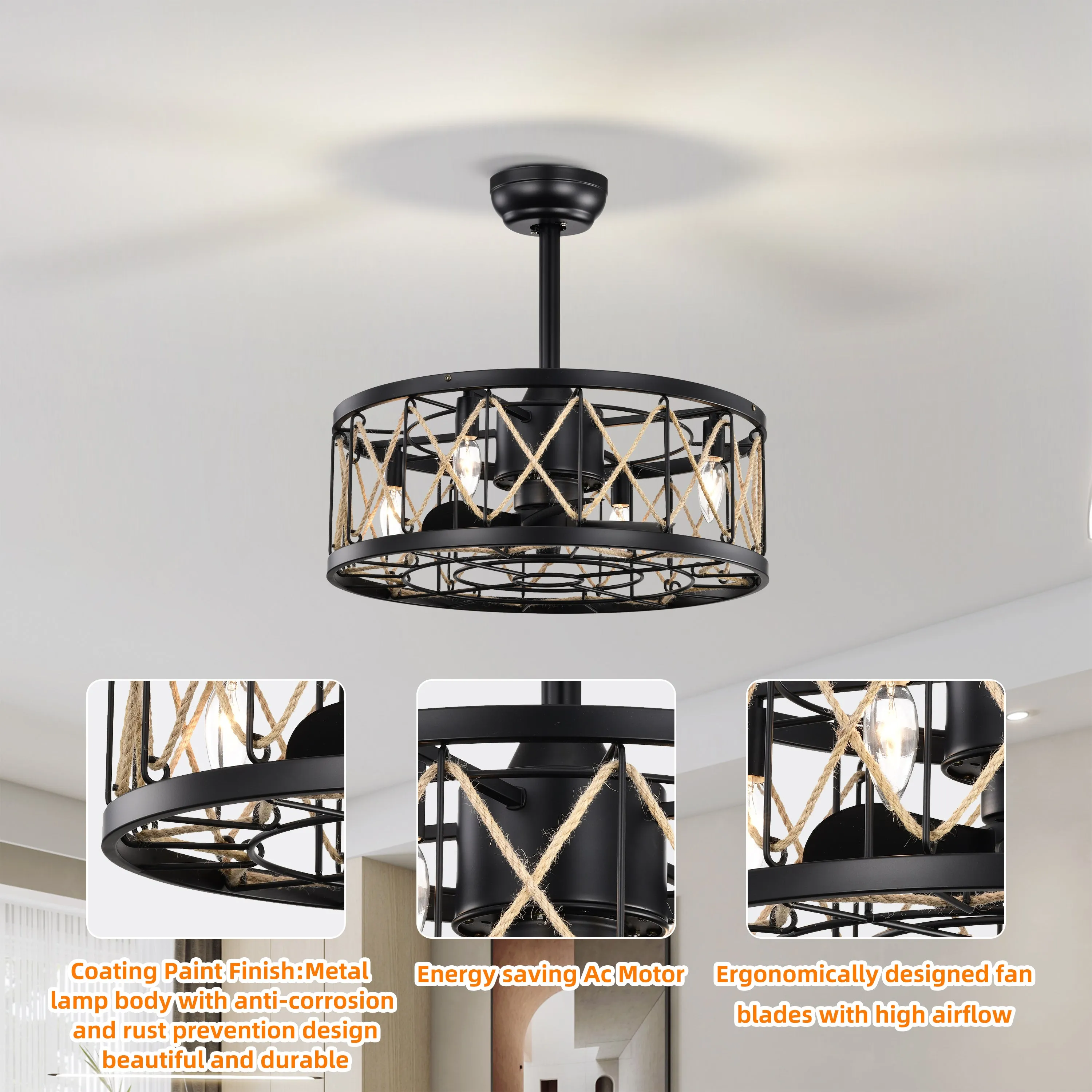 20.4''  5 ABS Fan Blades, Modern Ceiling Fan with Remote Control, Noiseless Reversible AC Motor Matte Black