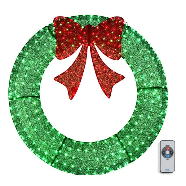 48in Pre-Lit Outdoor Christmas Wreath Decoration, LED Metal Holiday Decor for Home Exterior, Garden w/ 315 Lights, Bow - Green/Red