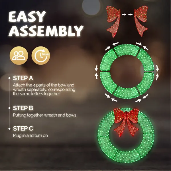 48in Pre-Lit Outdoor Christmas Wreath Decoration, LED Metal Holiday Decor for Home Exterior, Garden w/ 315 Lights, Bow - Green/Red