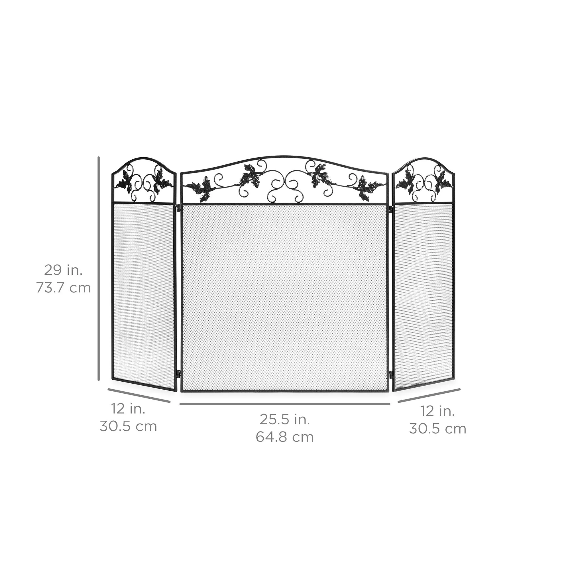 50x29in 3-Panel Handcrafted Wrought Iron Decorative Leaf Fireplace Screen