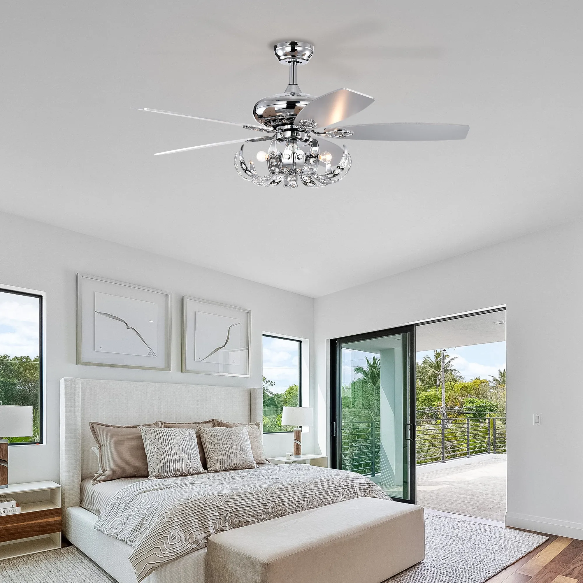 52" Crystal Ceiling Fan with 5 Reversible Blades Light Kit and Remote Control, 3-Speed (High, Mid,Low) Adjustable