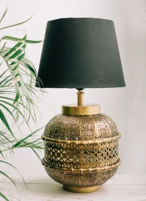 Brass Lattice Metal Table Lamp in Black Shade