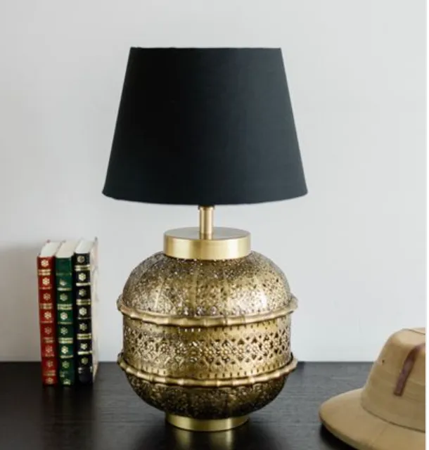 Brass Lattice Metal Table Lamp in Black Shade