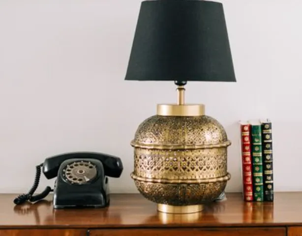 Brass Lattice Metal Table Lamp in Black Shade