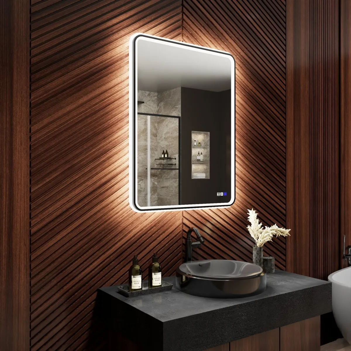 Lumina 28" W x 36" H LED Lighted Bathroom Mirror,High Illuminate, Inner & Outer Lighting,Anti-Fog, Dimmable,Black Frame with Rounded Corners