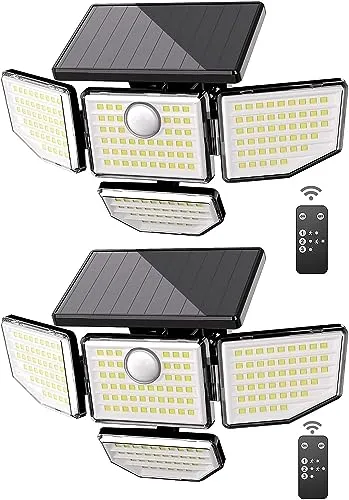 Solar Lights Outdoor, 4 Heads Solar Motion Sensor Lights,176 LED 3000LM Security Lights with Remote Control,IP65 Waterproof,3 Modes, 270° Wide Angle Flood Wall Lights for Garden Patio Yard (2 Pack)