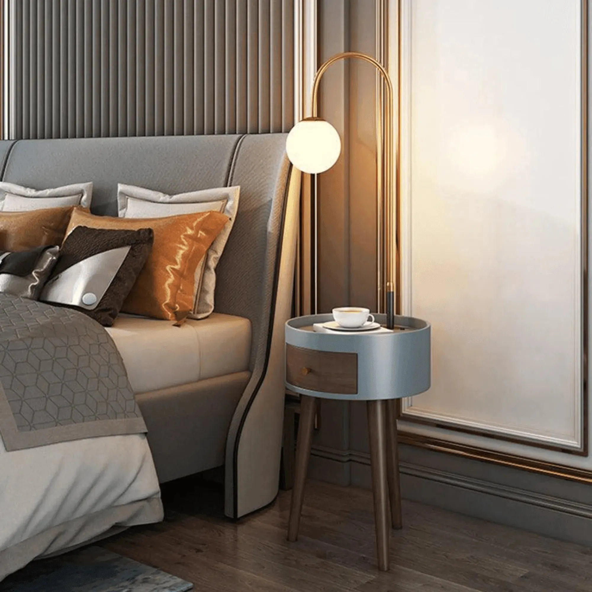 Wooden Twist Admix Modernize Stylish Decorative Floor Lamp Attached Wooden Round Table with Drawer and USB Charging Port