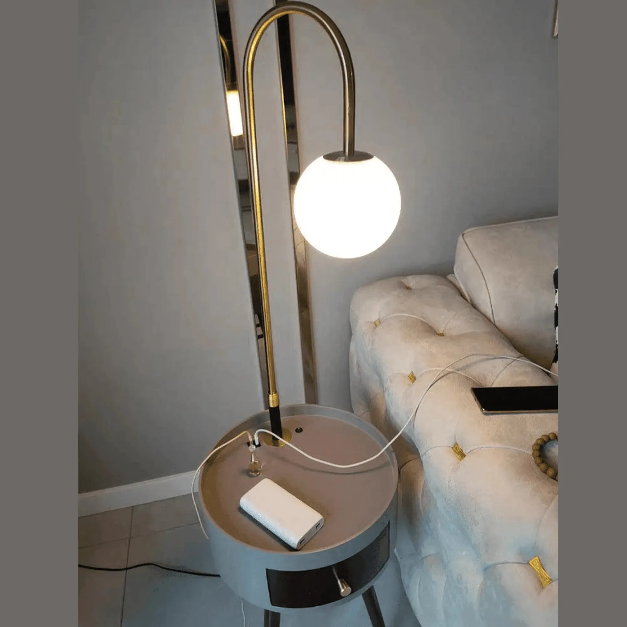 Wooden Twist Admix Modernize Stylish Decorative Floor Lamp Attached Wooden Round Table with Drawer and USB Charging Port