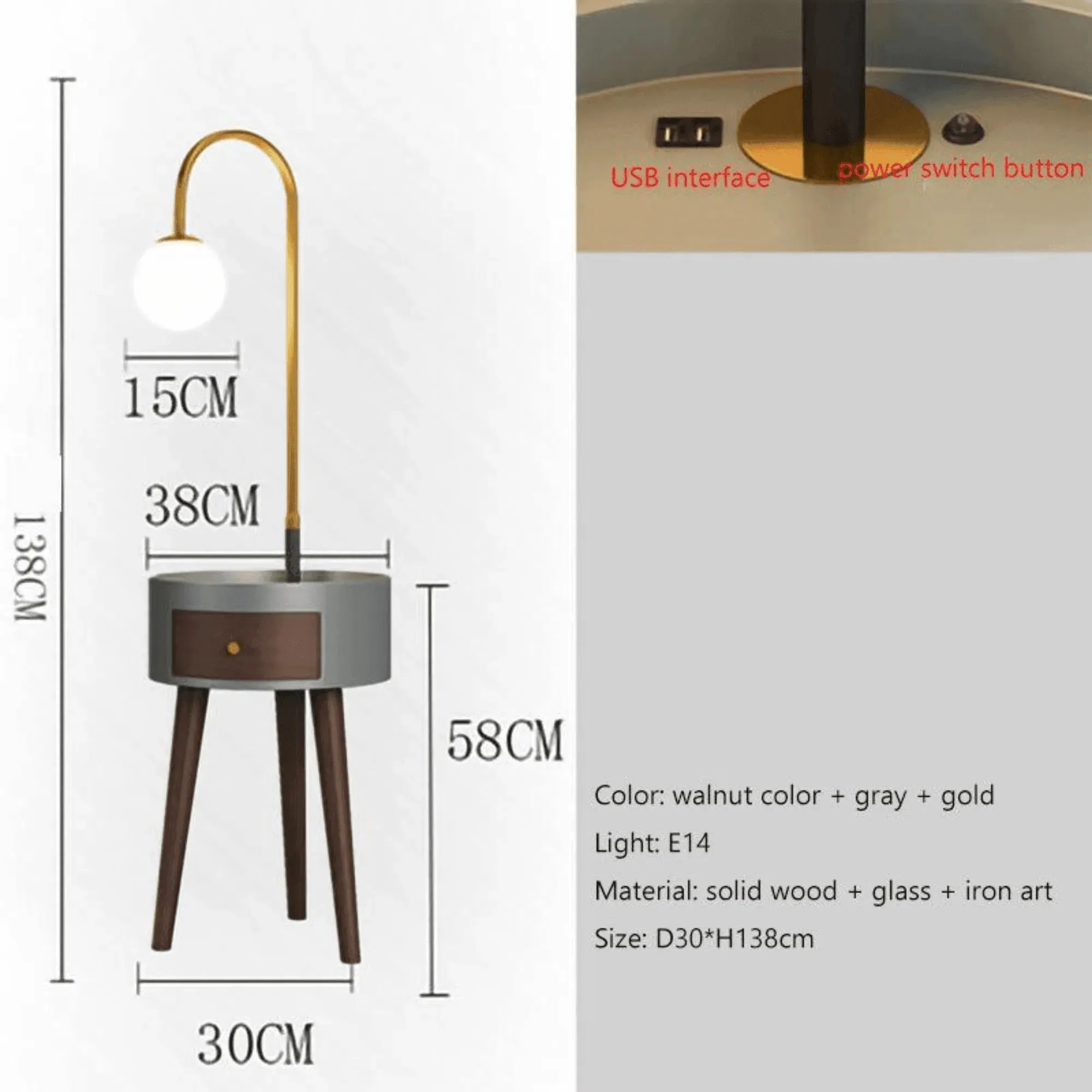 Wooden Twist Admix Modernize Stylish Decorative Floor Lamp Attached Wooden Round Table with Drawer and USB Charging Port