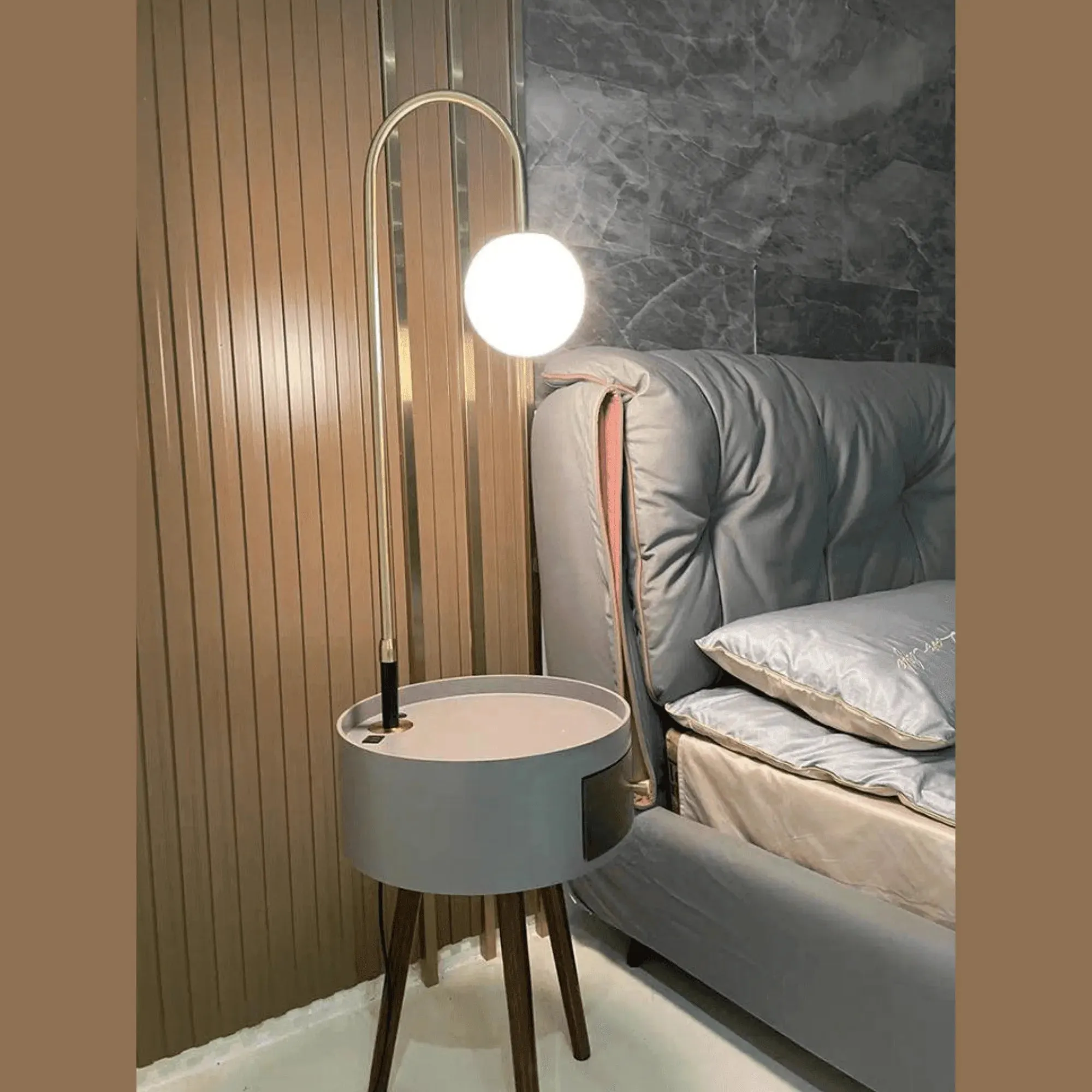 Wooden Twist Admix Modernize Stylish Decorative Floor Lamp Attached Wooden Round Table with Drawer and USB Charging Port